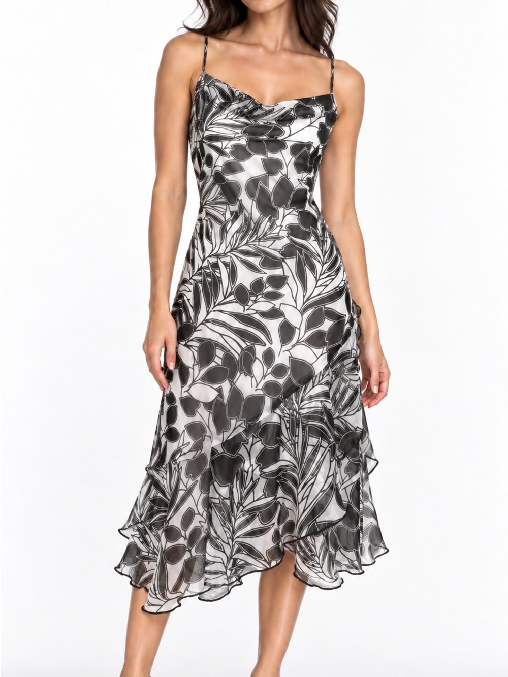 B. Smart Vintage Y2K Floral Midi Dress Size 4 Asymmetrical Ruffle Black White